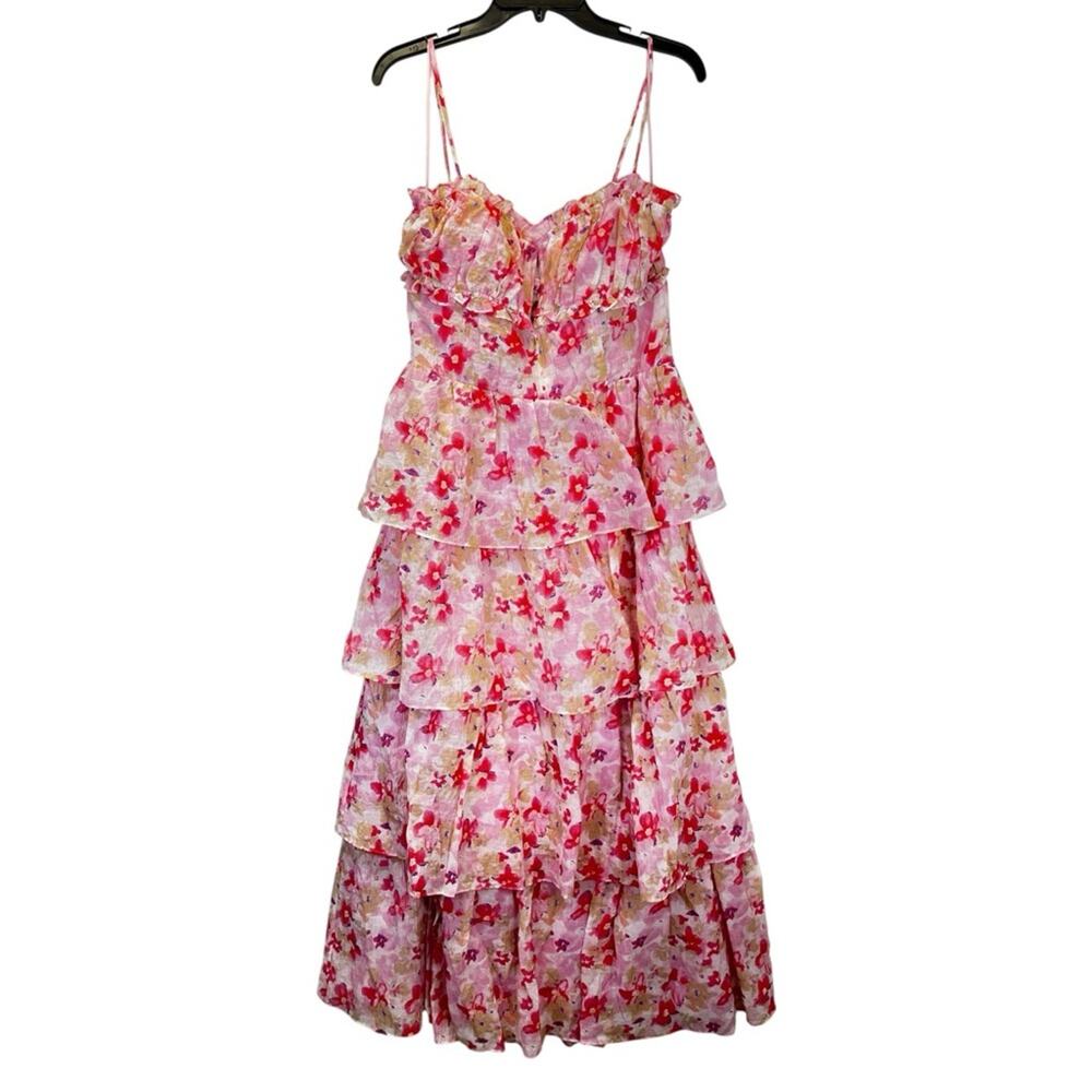 ASTR The Label Vonnessa Pleated Tiered Maxi Dress pink coral multi - XL - Picture 2 of 11